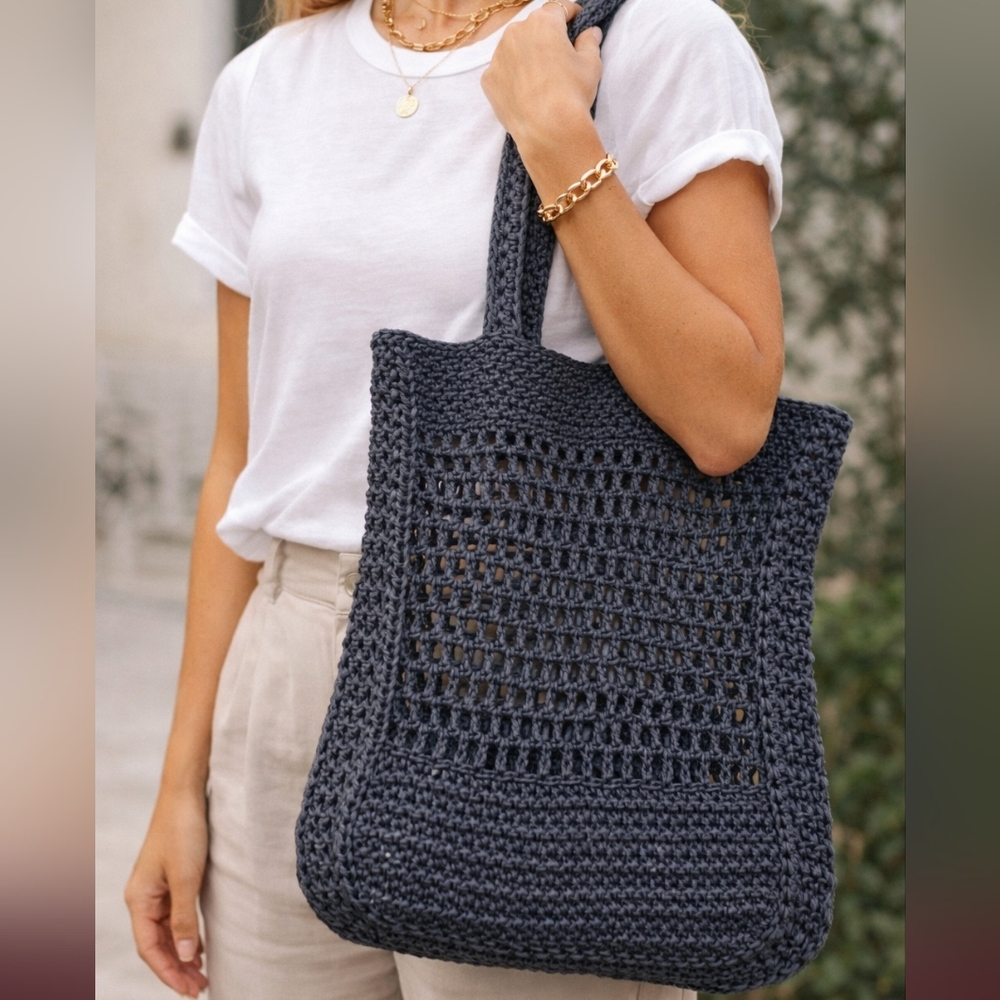 H&M Black Crochet Tote Bag Boho Mesh Beach Shopper Lightweight Summer Minimalist